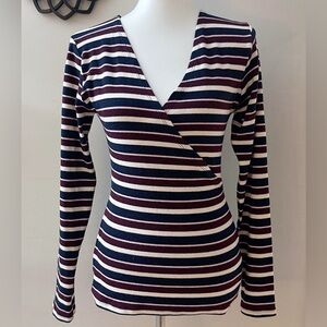 i jeans by Buffalo Stripe Faux Wrap Top Navy and White V-Neck Casual Nautical